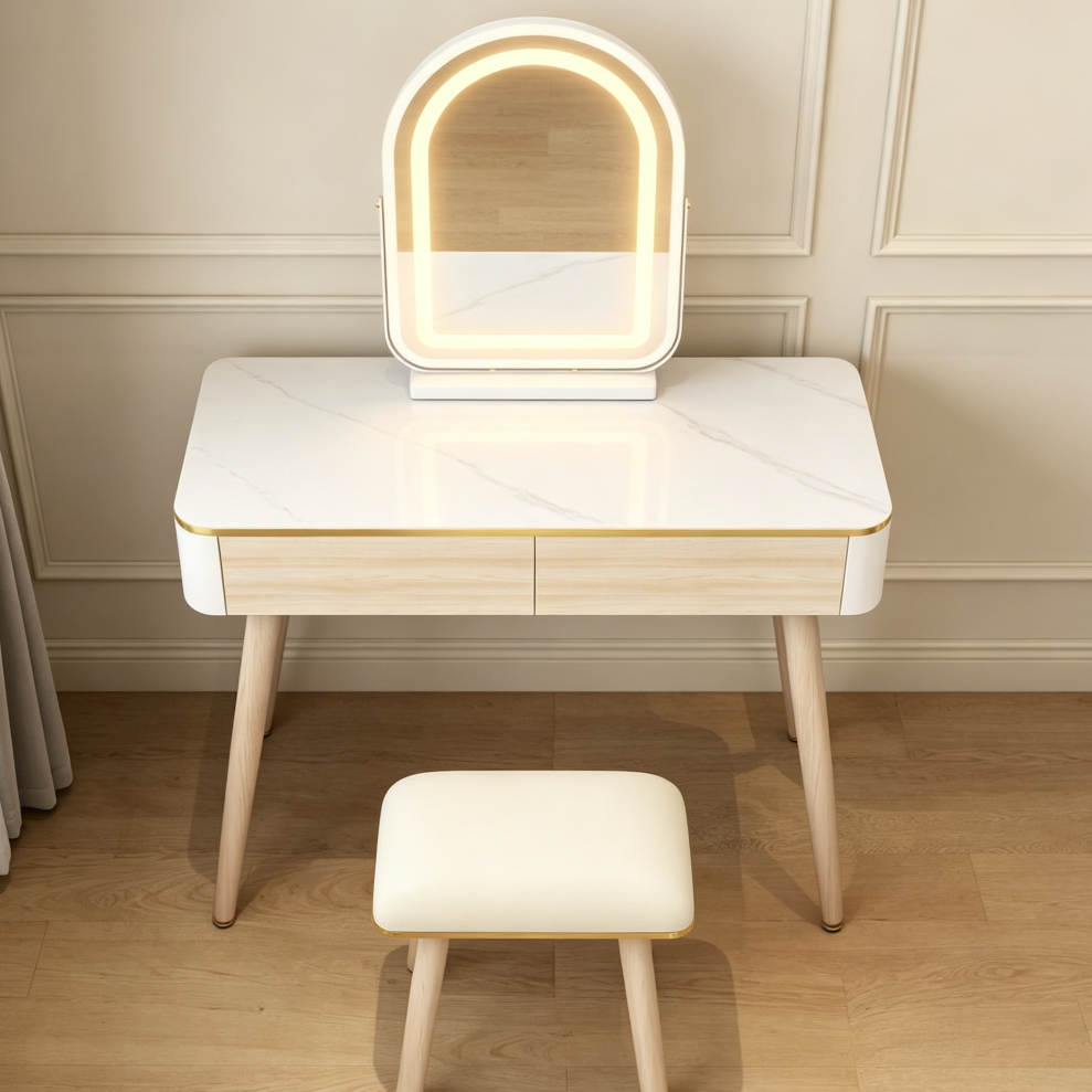 White Vanity Desk with Touch Screen Mirror, Stool, 2 Drawers & Organizer - Image 2