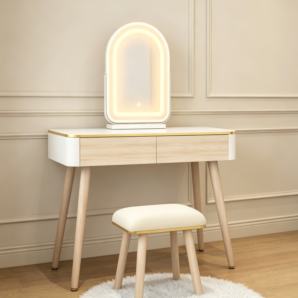 White Vanity Desk with Touch Screen Mirror, Stool, 2 Drawers & Organizer
