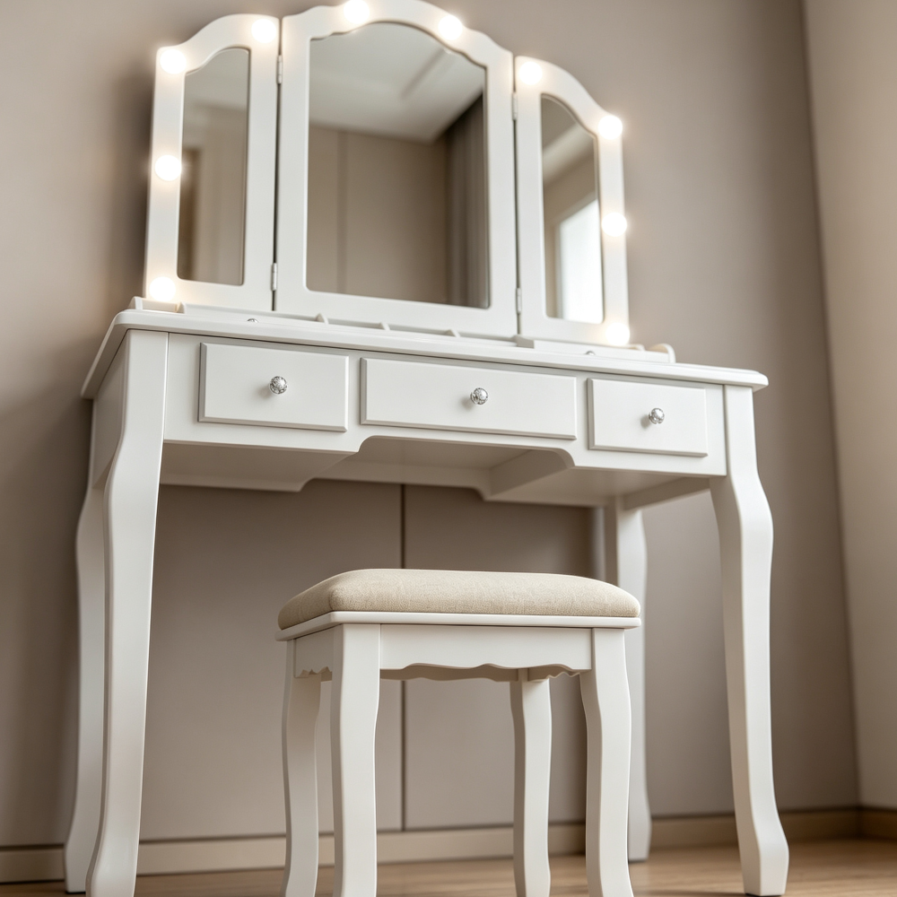 Modern White Vanity Desk with Tri-Fold Lighted Mirror, 5 Drawers & Stool - Image 2
