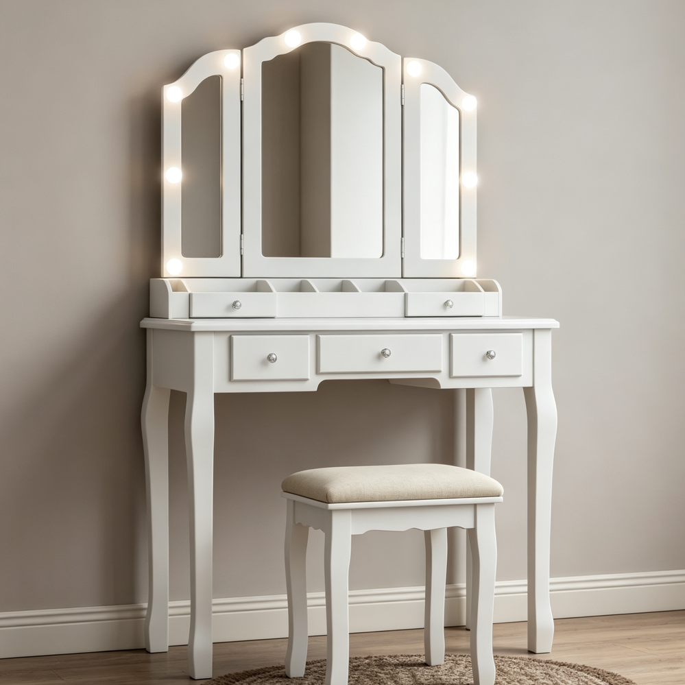 Modern White Vanity Desk with Tri-Fold Lighted Mirror, 5 Drawers & Stool