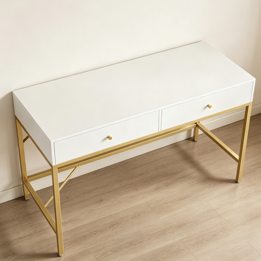 White and Gold 47" Vanity Desk with Drawers Home Office Dressing Table