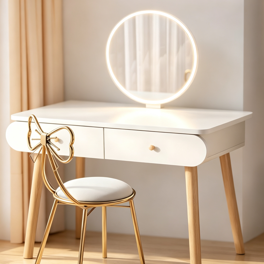 White MDF Vanity Table with Mirror, 2 Drawers & 2 Shelves 31.5x15.7 - Image 2