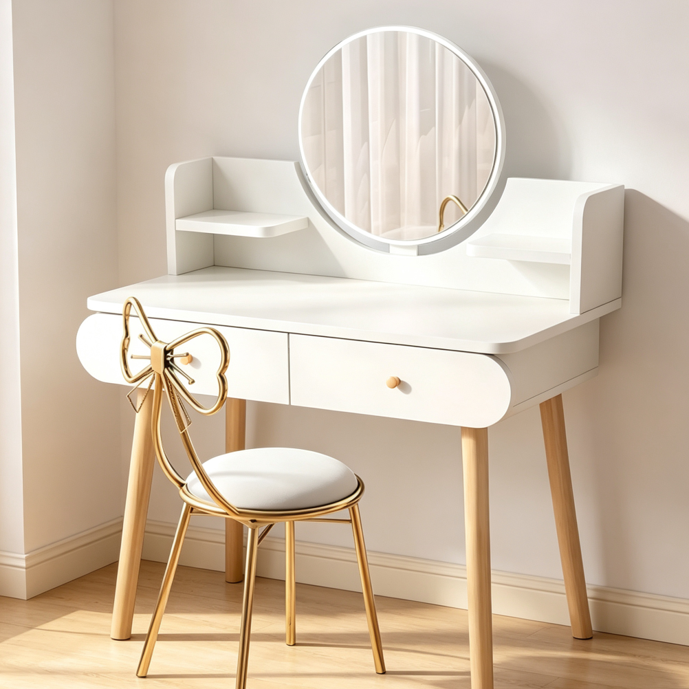 White MDF Vanity Table with Mirror, 2 Drawers & 2 Shelves 31.5x15.7