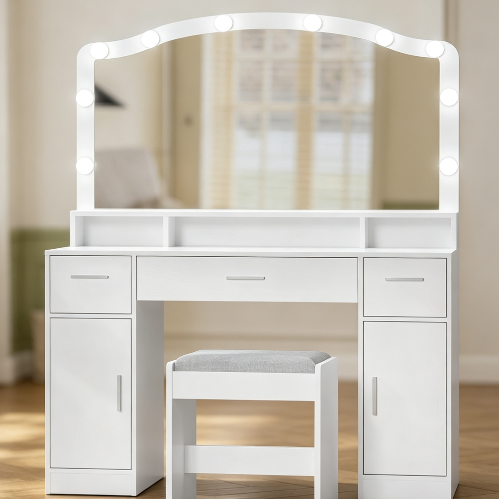 White Vanity Desk with 10 LED Lights, 3 Drawers, 2 Cabinets & Stool - Image 2