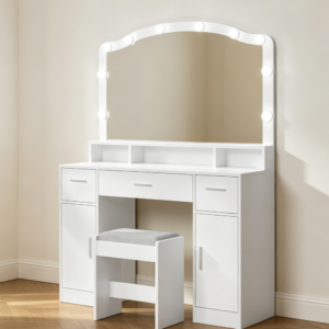 White Vanity Desk with 10 LED Lights, 3 Drawers, 2 Cabinets & Stool